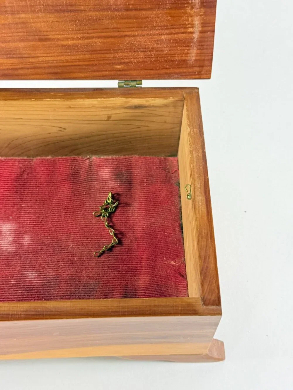 Vintage Wooden Cedar Jewelry Box With Red Velvet Lining Gold Hardware Lock